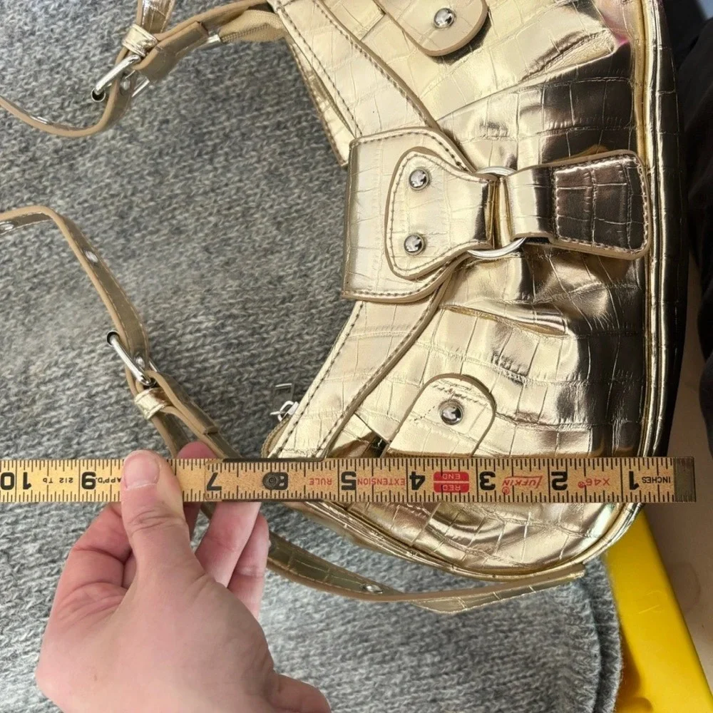 Vintage Shoulder Bag Women Sz S Gold Metallic Croc Embossed Y2K Aesthetic